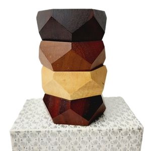 🍒 Vintage 4x Solid Wooden Geometric Carved Napkin Rings Set MCM